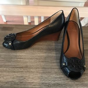 Tory Burch Black Mini Miller Peep Toe Wedges NWOT